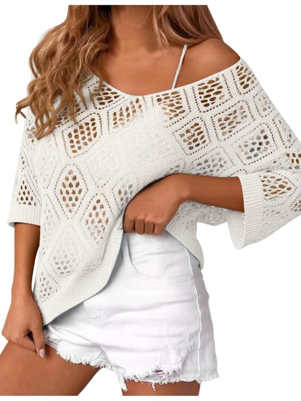 🆕Women's White Sleeve Crochet Tops Summer V Neck Beach Cover Ups Casual